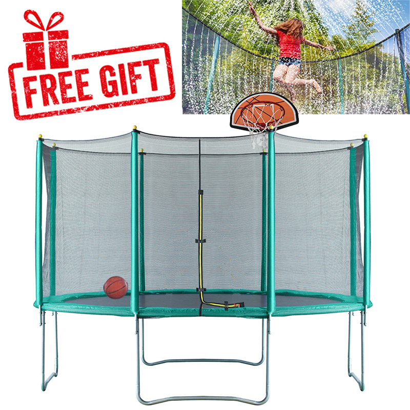 Mako Air 14ft Trampoline with Safety Enclosure - Free Basketball & Water Mister - Green