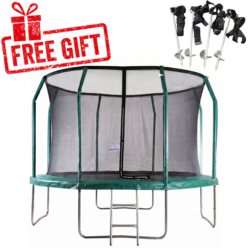 Mako Bounce 12ft Trampoline with Safety Enclosure - Free Ladder & Anchor Kit - Green