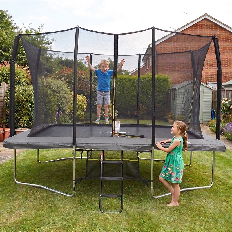 Maxo Max 8x12ft Rectangular Trampoline with Safety Enclosure Grey – Free Ladder & Shoe Tidy