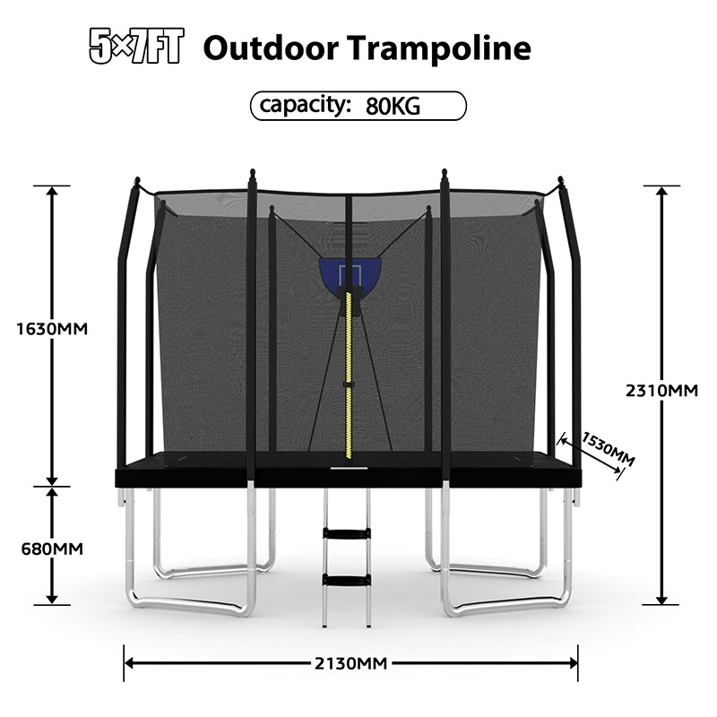 Mako Air 5x7ft Rectangular Trampoline with Safety Enclosure Black FREE Ladder & Basketball Game - Image 10