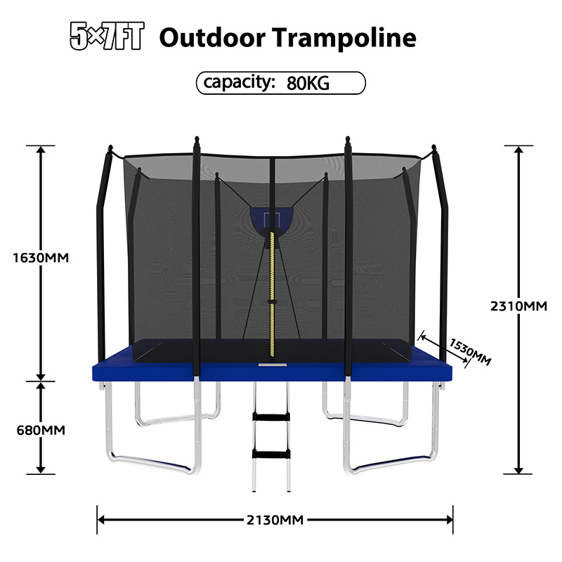 Mako Air 5x7ft Rectangular Trampoline with Safety Enclosure Blue FREE Ladder & Basketball Game - Image 2