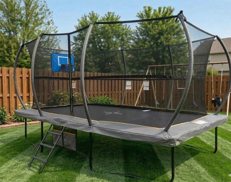 Mako Bounce 8x12ft Rectangular Powder Coated Trampoline with Safety Enclosure Grey - Free Ladder Shoe Tidy Anchor Kit Basketball
