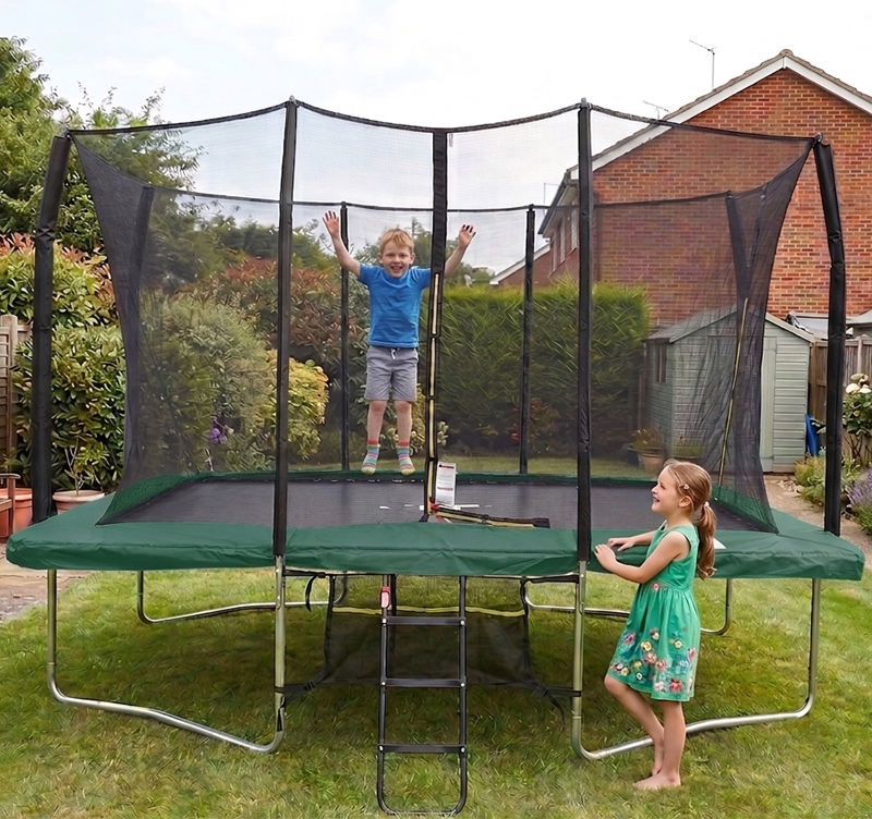 Mako Max 8x12ft Rectangular Trampoline with Safety Enclosure Green – Free Ladder & Shoe Tidy