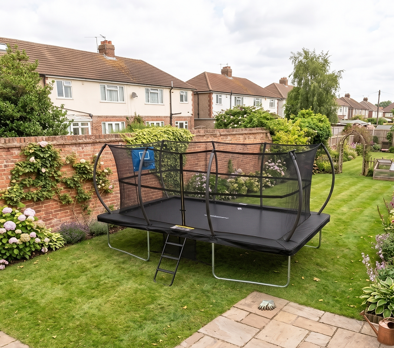 Mako Bounce 9x14ft Rectangular Trampoline with Safety Enclosure Black - Free Ladder Shoe Tidy Anchor Kit Basketball