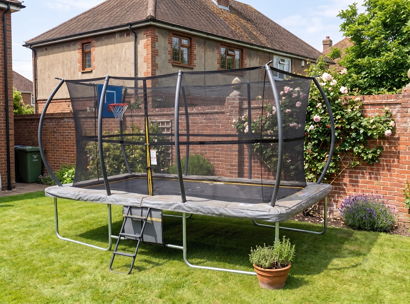 Mako Bounce 7x10ft Rectangular Trampoline with Safety Enclosure Grey - Free Ladder Shoe Tidy Anchor Kit Basketball Game