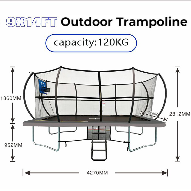 9x14ft Rectangular Trampoline with Safety Enclosure Grey - Free Ladder Shoe Tidy Anchor Kit Basketball