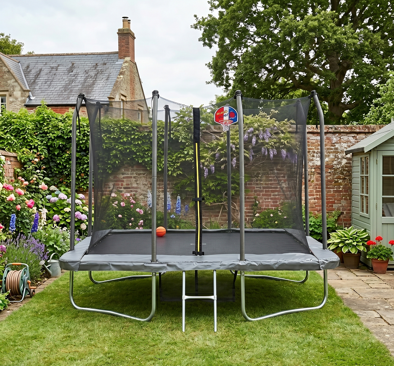 Mako 5x7ft Rectangular Trampoline with Safety Enclosure Grey FREE Ladder Basketball Game & Shoe Tidy