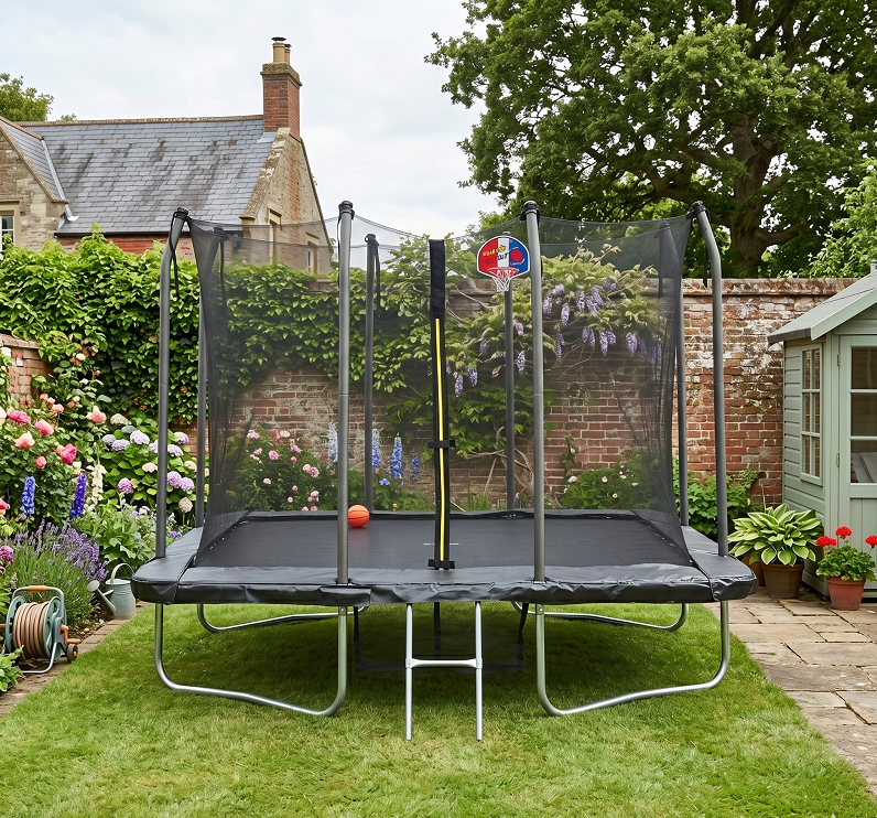 Mako 5x7ft Rectangular Trampoline with Safety Enclosure Black FREE Ladder Basketball Game & Shoe Tidy