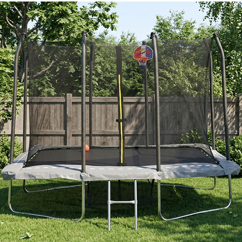 Mako 6x8ft Rectangular Trampoline with Safety Enclosure Grey FREE Ladder Basketball Game & Shoe Tidy