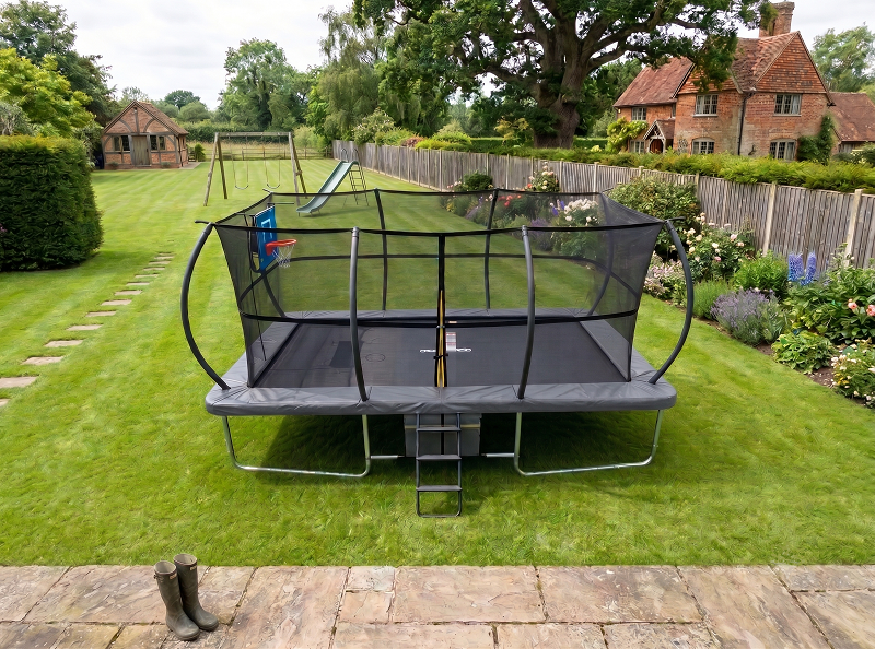 Mako Bounce 10x17ft Rectangular Trampoline with Safety Enclosure Grey - Free Ladder Shoe Tidy Anchor Kit Basketball