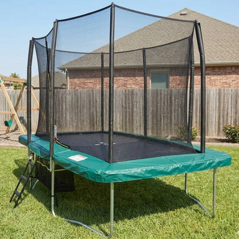7x10ft Rectangular Trampoline with Safety Enclosure Green - Free Ladder & Shoe Tidy