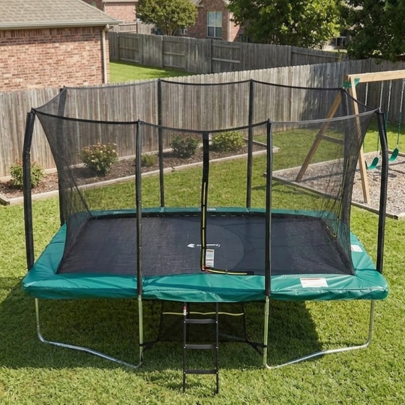 7x10ft Rectangular Trampoline with Safety Enclosure Green - Free Ladder & Shoe Tidy