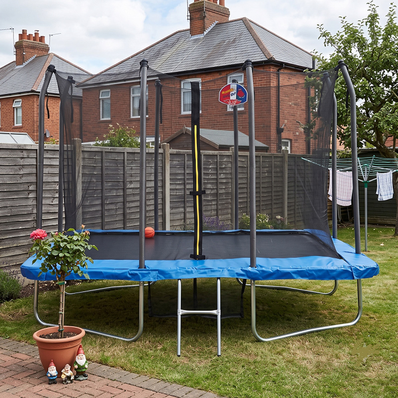 Mako 5x7ft Rectangular Trampoline with Safety Enclosure Blue FREE Ladder Basketball Game & Shoe Tidy