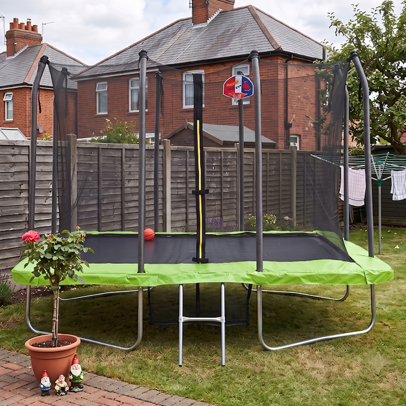 Mako 5x7ft Rectangular Trampoline with Safety Enclosure Green FREE Ladder Basketball Game & Shoe Tidy