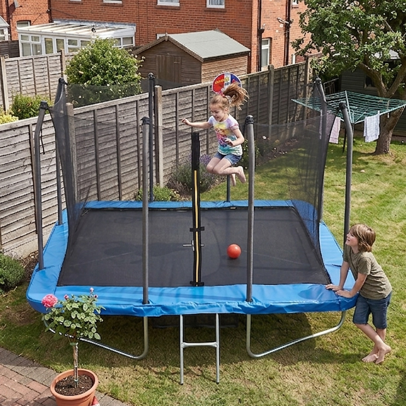 5x7ft Rectangular Trampoline with Safety Enclosure Blue FREE Ladder Basketball Game & Shoe Tidy